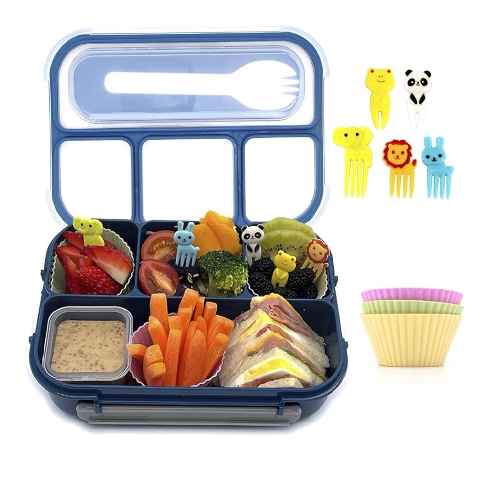 NEW Kids Blue Bento Lunch Box with Animal Forks
